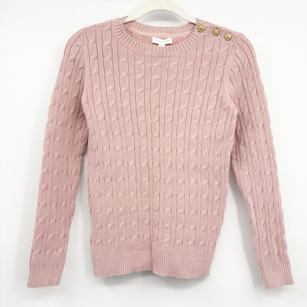 NWT Charter Club Womens Pink Cable Knit Gold Button Preppy Fisherman Sweater S